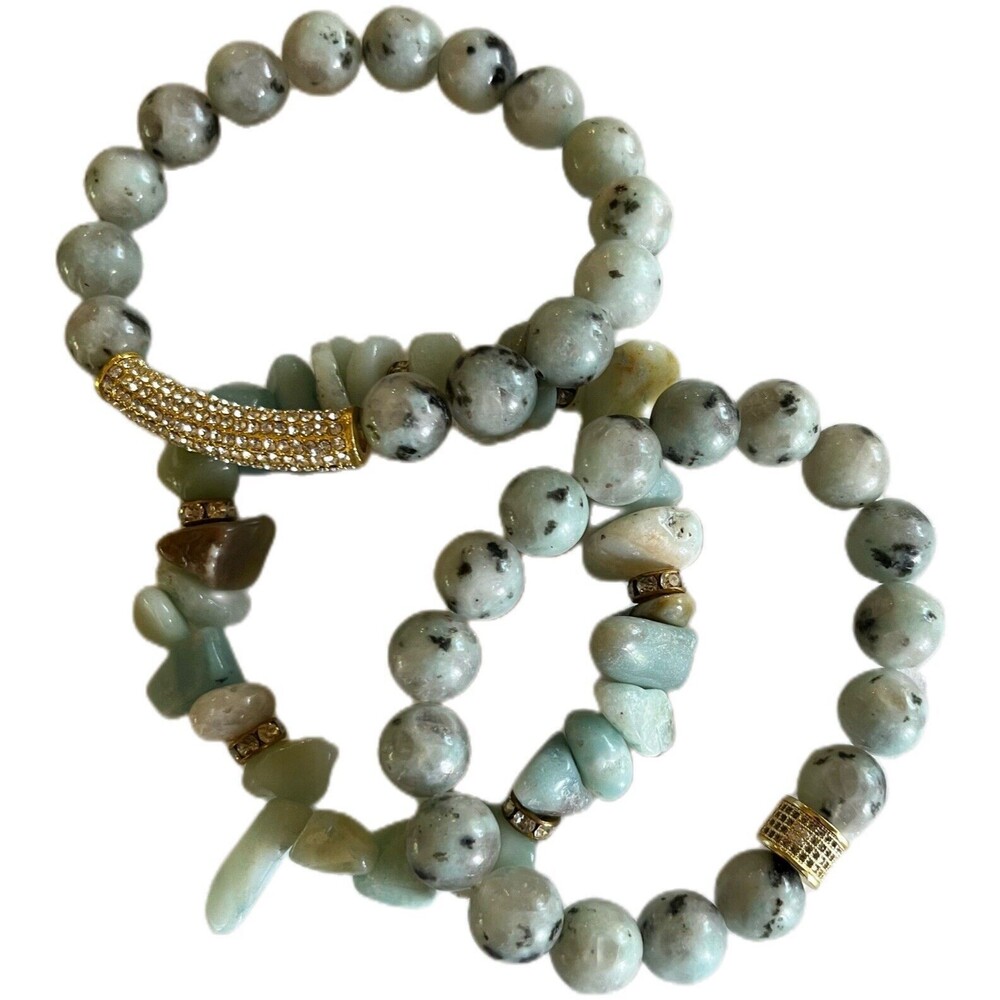 Gemstone Beaded Bracelet Set Stretchable Kiwi Beads/Amazonite Chips/Rhinestones